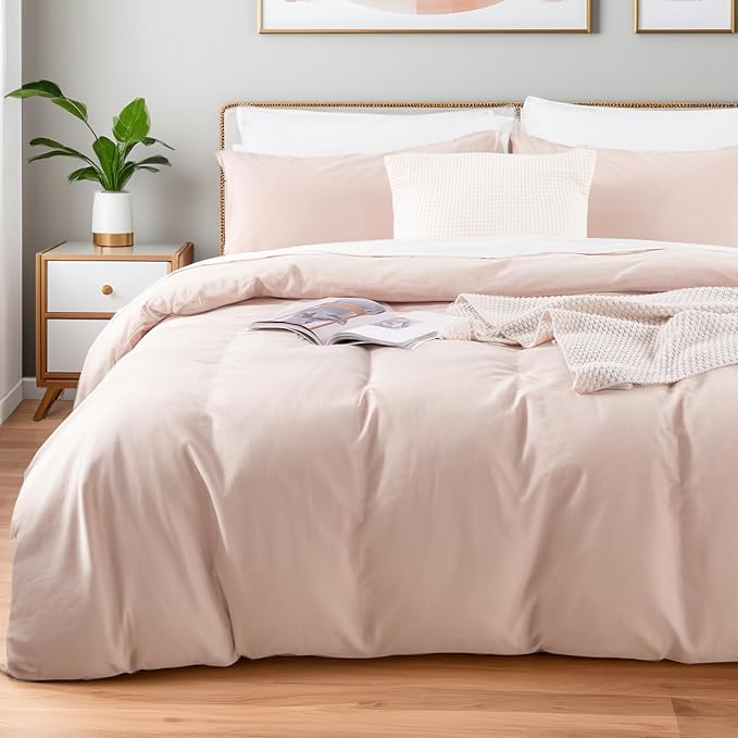NEXHOME PRO Duvet Cover Set 100% Washed Cotton Full Size Linen Feel Textured Organic Natural 3 Pieces Bedding Set Greyish Light Pink with Zipper Closure and Corner Ties, Breathable(No Comforter)