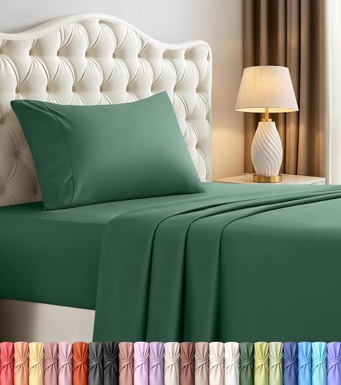 Twin Sheet Set, 3 Pieces 16" Deep Pocket Hotel Luxury Sheets, Emerald Green | Extra Soft Bedsheet Set, Comfy & Breathable Cooling Sheets, Wrinkle & Fade Resistant, Fitted Sheet, Flat Sheet, 1 Pillowcase