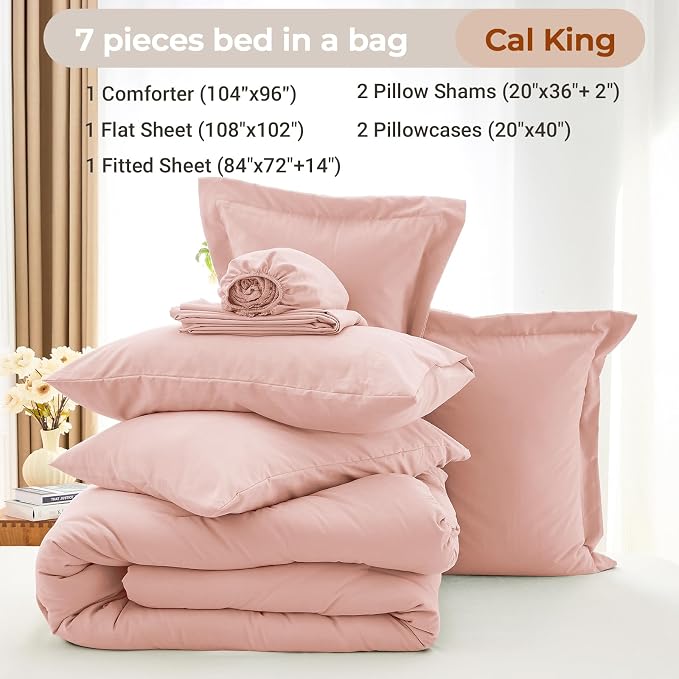 7 Pieces California King Comforter Set, Soft Bed in a Bag Cal King Size, All Season Bedding Set with Comforter, Flat Sheet, Fitted Sheet, Pillowcases & Shams, Rose Gold