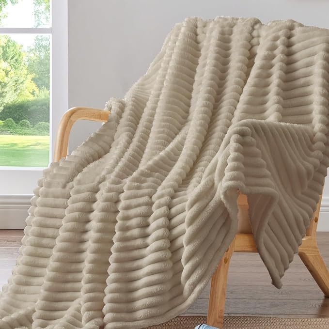BEDELITE Striped Fleece Throw Blanket, Linen, 50"x60" | 300GSM Microfiber Fleece, Soft Cozy, Lightweight Warm, Machine Washable, Room Decor, Ideal Gifts, for Couch Sofa