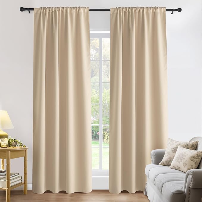 PONY DANCE Blackout Curtains for Bedroom 90 inches Long 2 Panels Set, Thermal Insulated Rod Pocket Black Out Window Drapes, Noise Reducing Window Treatment for Living Room(W42 x L90 inch, Beige)