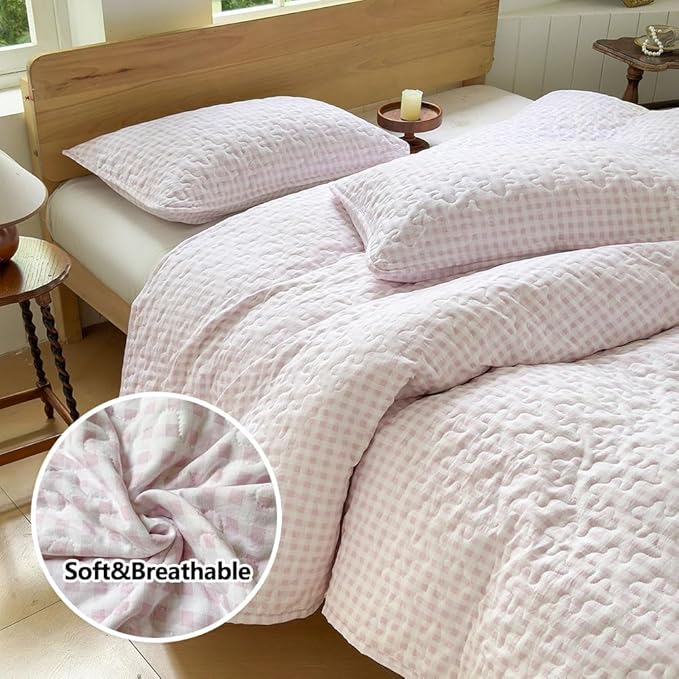 NSNLGSGC Pink Gingham Twin Summer Bedspread Quilt Set | Pre-washed Microfiber,Lightweight Checked Grid Bedding Coverlets for All Seasons