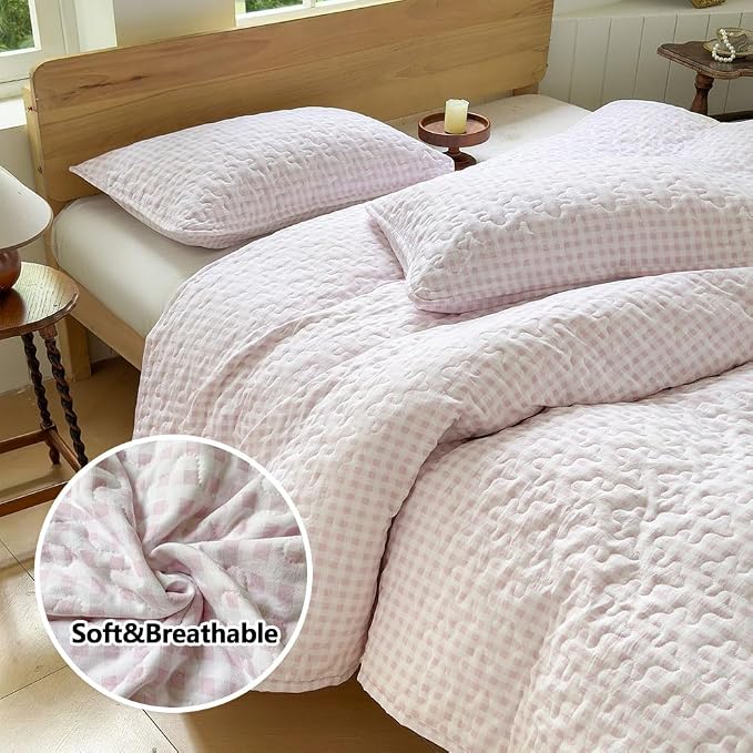 NSNLGSGC Pink Gingham Queen Summer Bedspread Quilt Set | Pre-washed Microfiber,Lightweight Checked Grid Bedding Coverlets for All Seasons