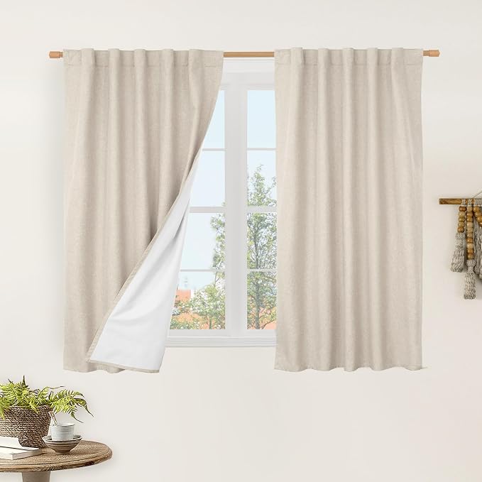 Natural 100% Blackout Linen Curtains 48 Inches for Kitchen 2 Panels | Thermal Insulated, Bedroom Window Curtains, Privacy Panels, Rod Pocket Back Tab with White Liner, 42 x 48 Inch, Oatmeal