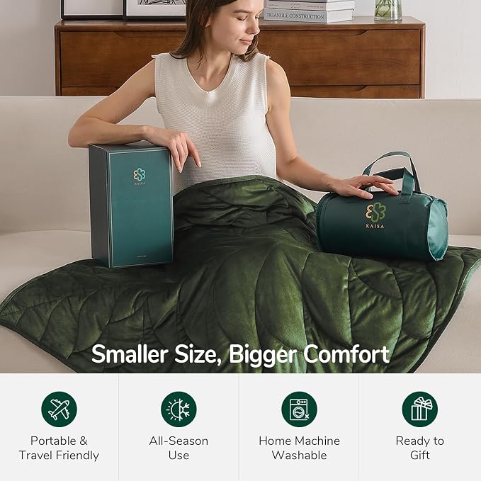 Weighted Lap Blanket for Adults, 7 lbs 41" x 53", Leaf Pattern, Olive Green | Washable Weighted Blankets, Small Portable Blanket for Relaxation, Cozy Luxury Crystal Velvet All-Season Heavy Blanket