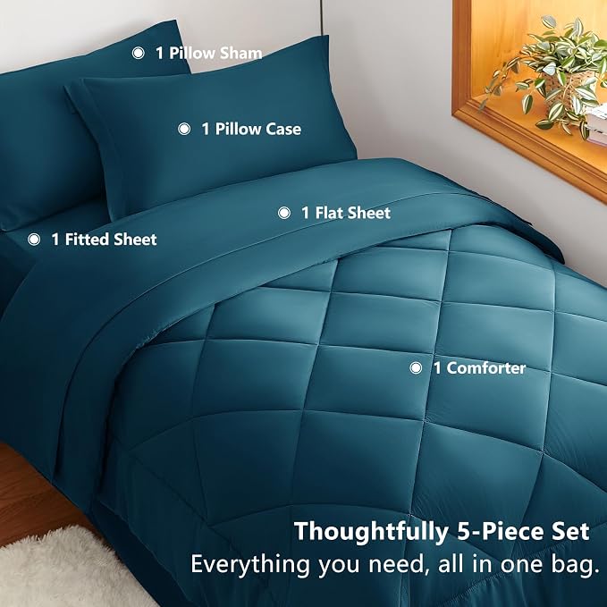 Twin XL Comforter Set Lyons Blue - 5 Pieces Complete Bedding Set | College Dorm Essentials, OEKO-TEX Certified, All Season, 240GSM Down-Alternative Comforter, Sheets, Pillowcase & Sham