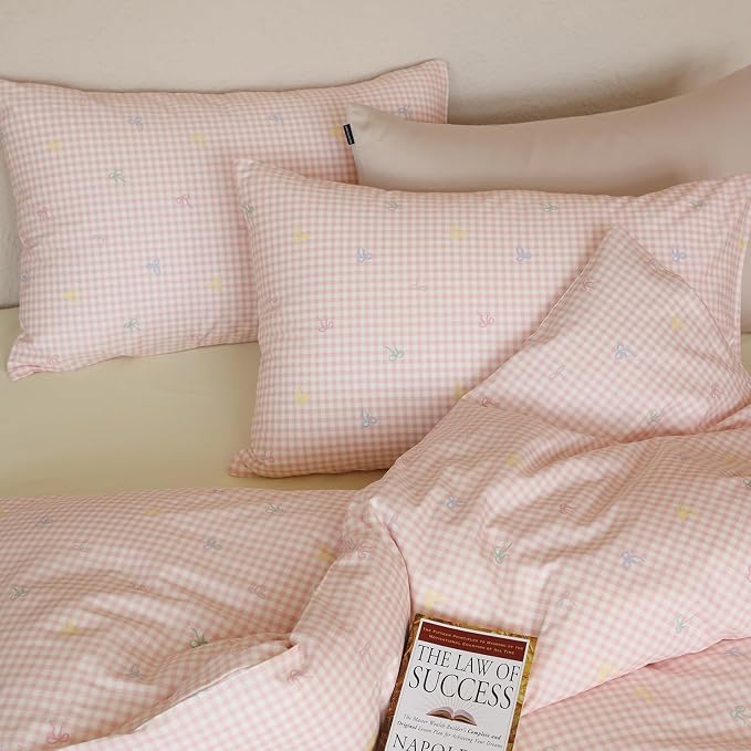 mixinni Gingham Duvet Cover Full Size, 100% Cotton Light Pink and White Gingham Bedding Set for Girls, Cute Bow Print Soft Aesthetic Cottagecore Bedding 3 Pieces (1 Duvet Cover + 2 Pillowcases)