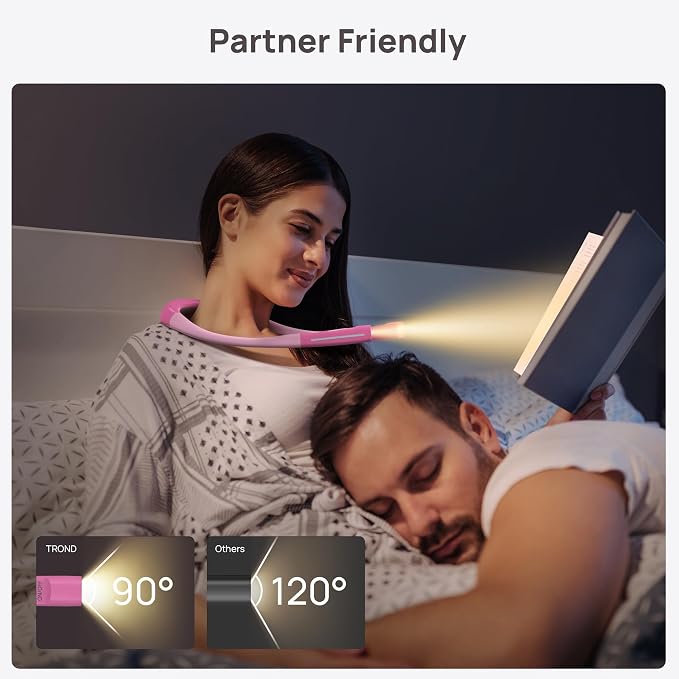 TROND LED Neck Reading Light, Bendable Neck Light for Reading, USB-C, Pink | 3 Color 3 Brightness Book Light for Reading, Flexible Arm with Outdoor Warning Lamp, Eye-Caring for Crochet,Book Lovers Gifts