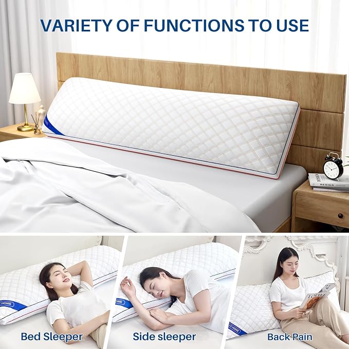 YZ HOME Long Body Pillow for Adults - Insert with Shredded Blue Memory Foam | Firm Body Pillow, Adjustable Height, Soft Support for Side Sleeping, Pregnant Women, Washable (20x54 Inch, White)