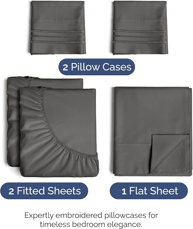 Split King Size 5 Piece Sheet Set - Breathable & Cooling Sheets - Charcoal | Hotel Luxury Bed Sheets for Women & Men, Deep Pockets, Easy-Fit, Comfy, Soft and Wrinkle Free Sheets, Oeko-Tex Bed Sheet Set