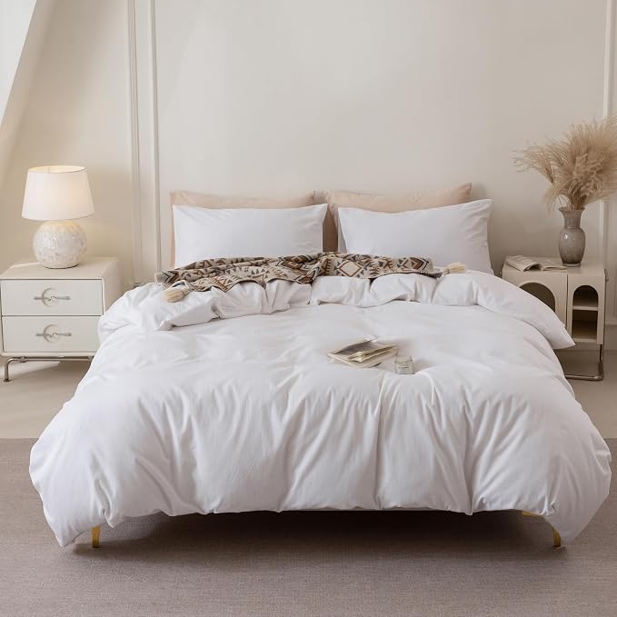 BDEAR 3Pcs Bright White Duvet Cover Set King Size 104" Wx 90" L,Oeko TEX | 100% Washed Cotton, 1 Duvet Cover with 2 Pillowcases, Zipper Closure, 8 Corner Ties,Linen-Liked Texture, Skin Friendly