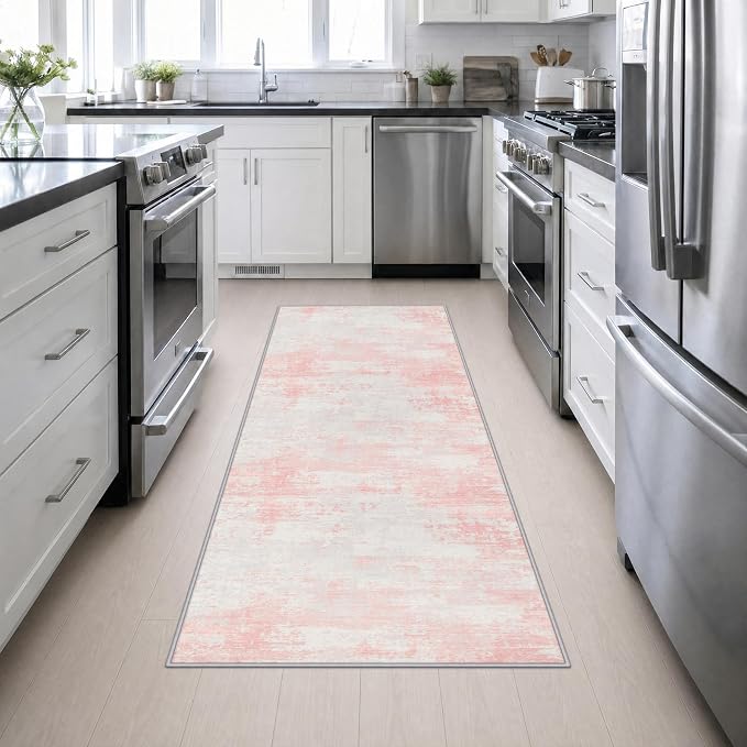 3x8 Washable Runner Rug：Modern Abstract Soft Carpet Pink White | For Hallway, Bedroom, Kitchen, Laundry, Bathroom,Door Mat,Modern Abstract,Machine washable,Non-Slip,Stain Resistant,Indoor