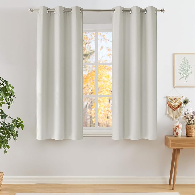 NICETOWN Short Faux Linen Natural Blackout Curtains 63 inches Long | For Kitchen, Privacy, for Living Room, Modern Farmhouse Style, Easy Care, Grommet Top, 2 Panels, W42 by L63