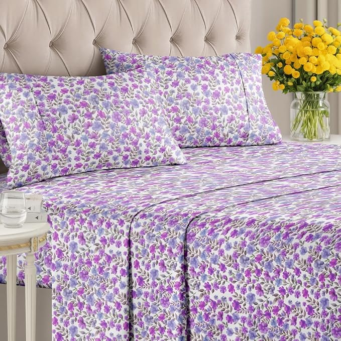 Full 4 Piece Floral Sheet Set - Soft, Breathable & Cooling - Purple Bloom | 1 Flat, 1 Fitted & 2 Pillowcases w/ Deep Pockets, Boho Botanical Floral Bedding, Breathable & Cooling, Wrinkle & Fade Free