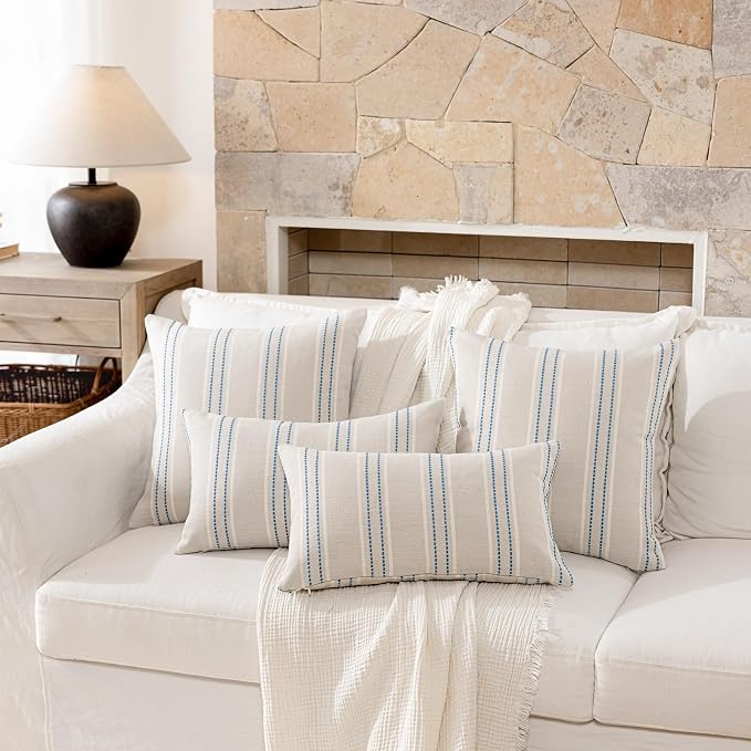 Hckot Striped Throw Pillow Covers 24x24 Set of 2 Lake Blue Pillow Covers | Farmhouse Decorative Pillows Textured Linen Square Cushion Covers for Sofa Couch Bed Living Room Decor(Lake Blue)