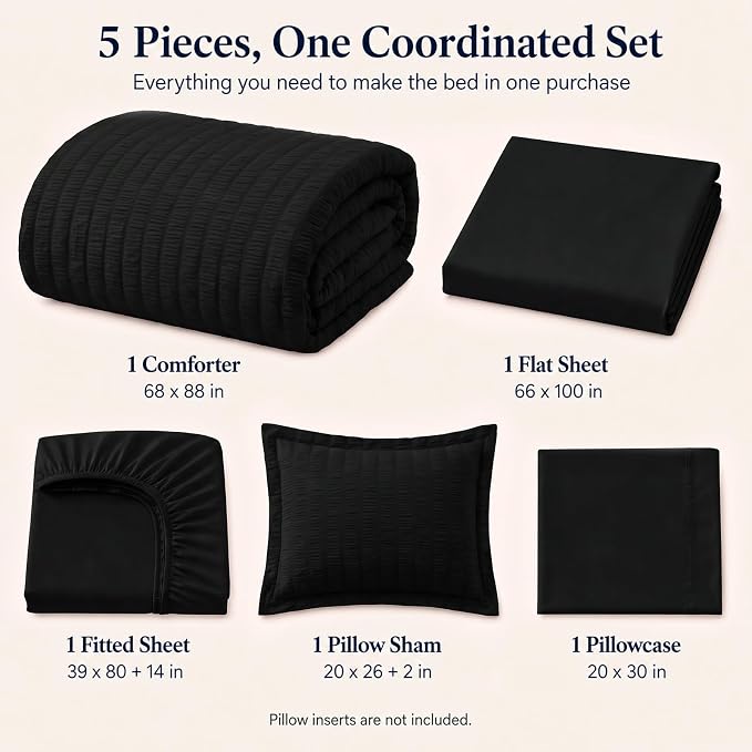 Twin XL Comforter Set, 5 Pieces Black Seersucker Bed in a Bag | OEKO-TEX Certified, College Dorm Twin Extra Long, 240 GSM Down Alternative Comforter, Flat & Fitted Sheets, Pillowcase & Sham
