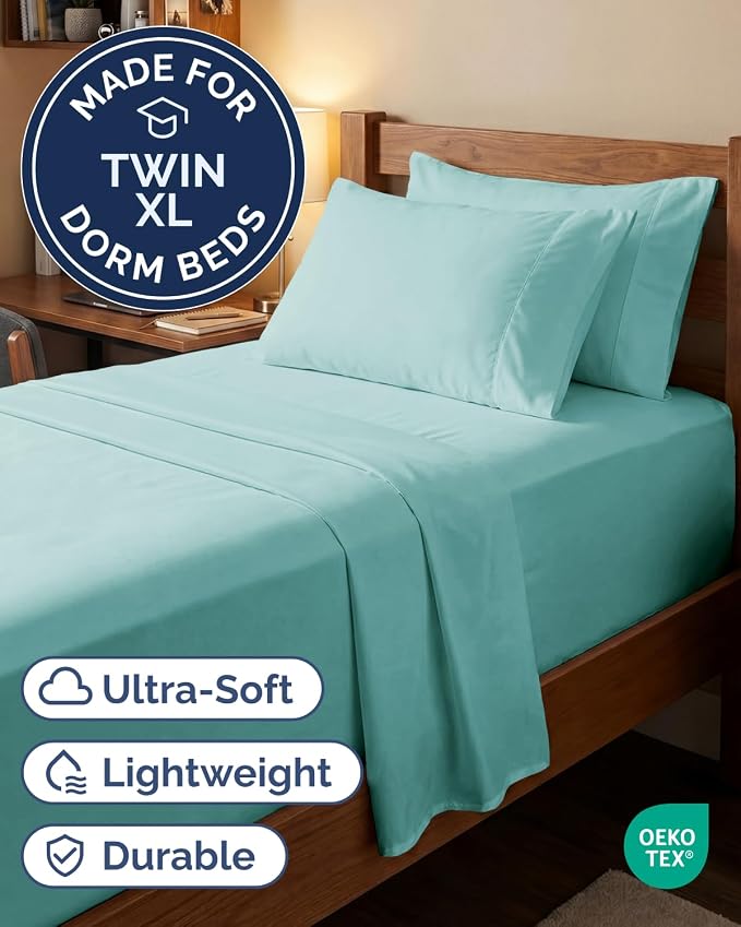 Extra Deep Twin XL Sheet Set - 4 Piece College Dorm Room - Spa Blue | College Dorm Room Essentials, Easy & Secure Fit, Ultra-Soft, Wrinkle & Fade Free, Comfy Sheets Set with Extra Deep Pockets