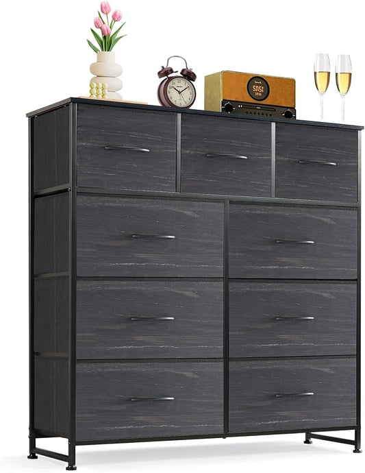 9-Drawer Dresser for Bedroom, Anti-Tip Tall Storage Organizer | Chest of Drawers with Wooden Top and Metal Frame Fabric Bins for Closet, Living Room, Hallway, Entryway, Charcoal Black