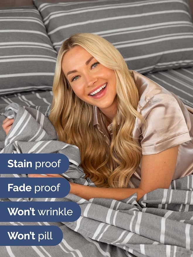 Extra Deep Twin Sheet Set - 4 Piece Breathable & Cooling - Grey Stripes | Hotel Luxury Bed Sheets Set, Easy & Secure Fit, Ultra-Soft, Wrinkle & Fade Free, Comfy Sheets Set with Extra Deep Pockets