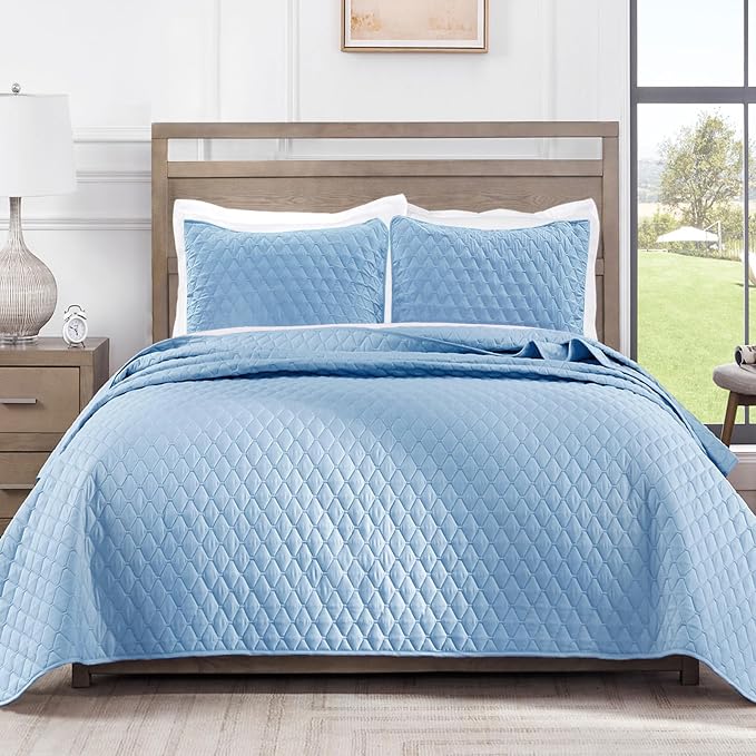 Exclusivo Mezcla Reversible Full Queen Quilt Bedding Set, Sky Blue | Lightweight Bedspreads with 2 Pillow Shams, Soft Microfiber, All Season Bed Coverlets for Bedroom Guest Room, 90x96 Inch
