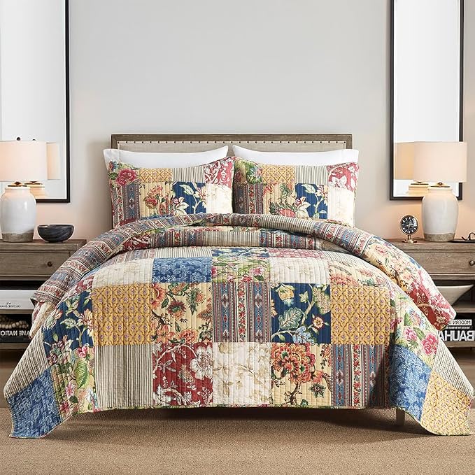 VISIMISI Cotton Bedspread Quilt Sets Reversible Bedding Coverlet Sets 3 Pieces Gorgeous Rustic Vintage Floral Red Yellow Patchwork Bedspread, Queen Size