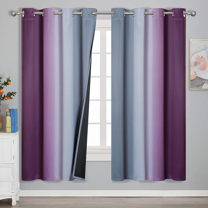 Purple and Grey Ombre Blackout Curtains for Bedroom 52Wx72L Inch 2 Panels | Estelar Textiler Light Blocking,Room Darkening,Thermal Insulated Grommet Drapes with Wavy Line Pattern for Kids Living Room