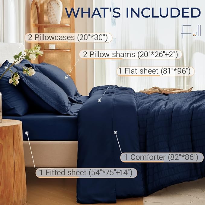 7 Pieces Full Comforter Set, Seersucker Bed in a Bag Full Size, All Season Luxury Bedding Set with Comforter, Flat Sheet, Fitted Sheet, Pillowcases & Shams, Navy Blue