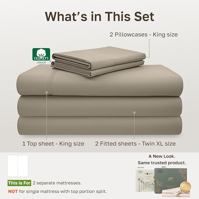 California Design Den 600 Thread Count Split King Sheets, 5 Pcs, Cool Taupe | 100% Cotton Sateen, Good Housekeeping Seal, Split King Sheets Sets for Adjustable Bed with 2 Separate Twin-XL Mattresses