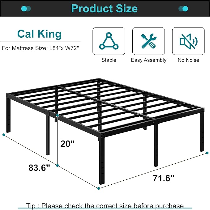 Maenizi California King Bed Frames, 20 Inch Heavy Duty Metal Platform with Steel Slat,
