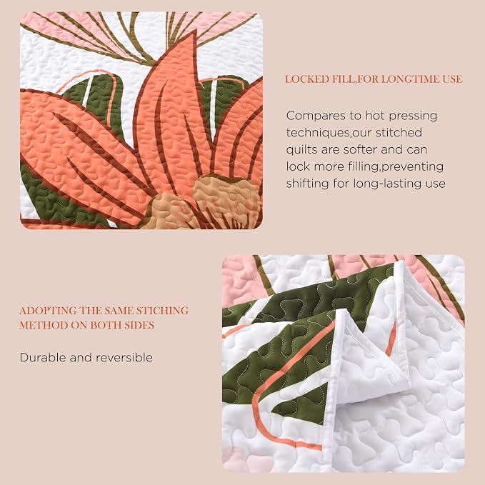 Andency Quilt Queen Size, Pink Floral Boho Summer Bedspread 3 Pieces | Blush Flower Botanical Summer Bedspreads with 2 Shams, Reversible Polyester Coverlet Set for All Seasons, 96"x90"