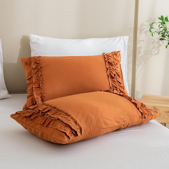 Bedorm Ruffled Queen Duvet Cover Burnt Orange Bedding Set Rust Lace Ruffle Boho Chic Bedroom Decor Super Soft Breathable Pumpkin Duvet Cover Set French Country Style