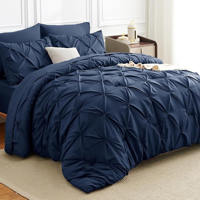 HIMEET Queen Comforter Set Navy Blue - 7 Pieces Pintuck Bed in a Bag | OEKO-TEX Certified, 240GSM Down Alternative Comforter, 14" Deep Pocket Fitted Sheet + Flat Sheet + 2 Pillowcases + 2 Shams