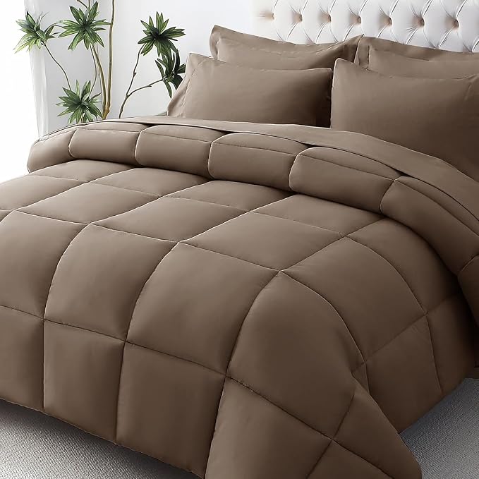 JOLLYVOGUE Oversized Queen Comforter Set, Ultra-Soft Bed in a Bag Oversized Queen Size 7 Pieces, Oeko-TEX Certified Bedding Set with Down Alternative Comforter, Sheets, Pillowcases & Shams, Brown