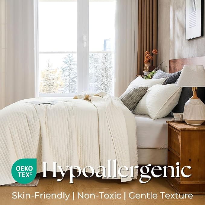 DOWN HOME Twin Quilt Bedding Set with Sham, Vintage Washed Soft Quilted Blanket Thin Comforter Lightweight Bedspread Coverlet Bed Cover, Brushed Microfiber Stripe Stitching, Linen White, 66"x92"
