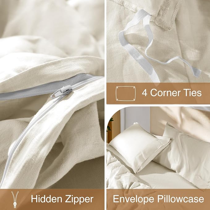 SONORO KATE 100% French Linen Queen Duvet Cover Set,Zipper Closure,3PC | Natural French Flax,Soft Breathable for Hot Sleepers,Moisture Wicking & Durable,4 Corner Ties,Cream