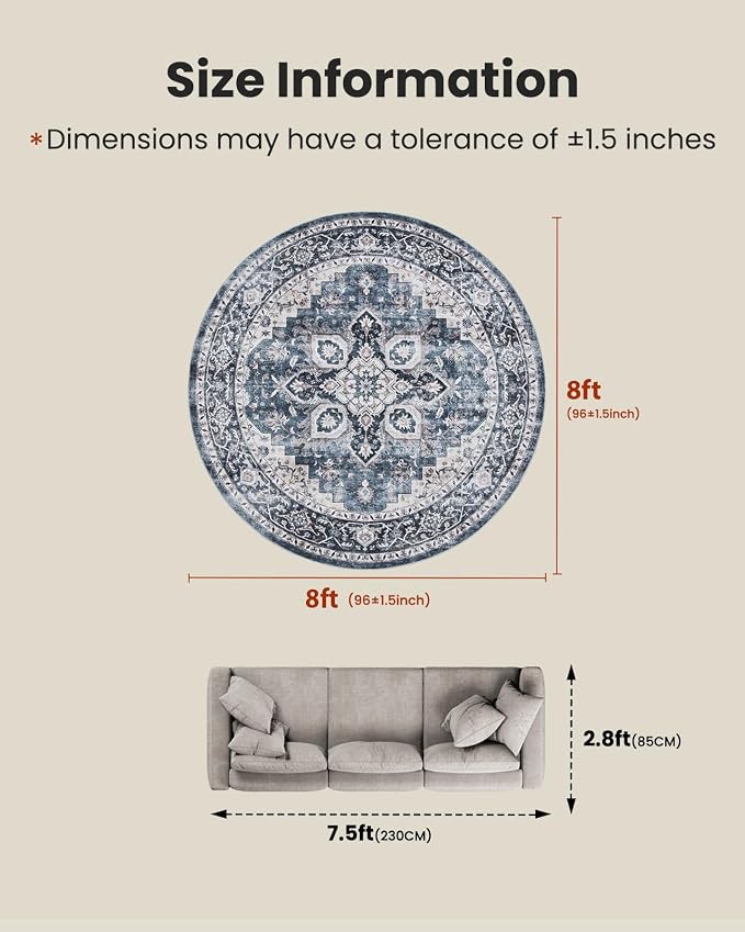 AMADA HOMEFURNISHING Round 8ft Area Rugs, Low-Profile Washable Rug with Non-Slip Backing & Durable Edge Binding, Vintage Rugs for Living Room, Bedroom, Dinning Room