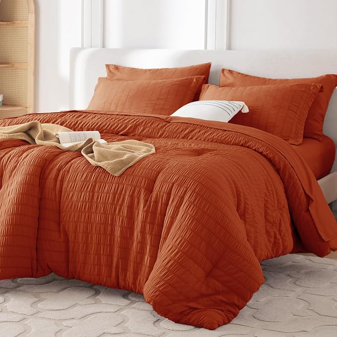 7 Pieces California King Comforter Set, Seersucker Bed in a Bag Cal King Size, All Season Luxury Bedding Set with Comforter, Flat Sheet, Fitted Sheet, Pillowcases & Shams, Burnt Orange