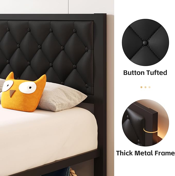 Fluest Twin Bed Frame with Headboard PU Leather Upholstered Bed Frame Platform,All Metal Slats Support Platform Bed Frame with Storage Space,Easy Assembly,Noise Free,No Box Spring Needed,Black