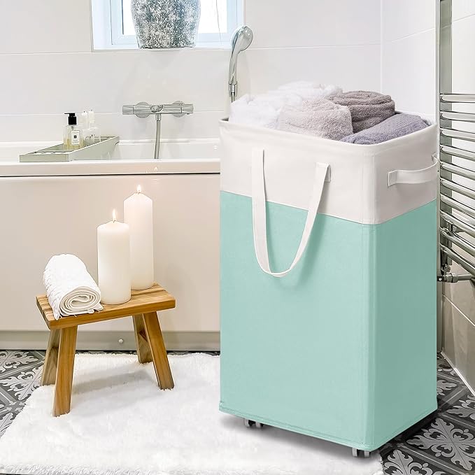 Goodpick Laundry Basket with Wheels, 75L Laundry Hamper with Wheels, Large Laundry Basket with Removable Wash Bag, Clothes Hamper for Laundry, Blue&White | Clothes Hamper with Removable Wash Bag for Laundry Room, Large Rolling Laundry Basket with Handl...
