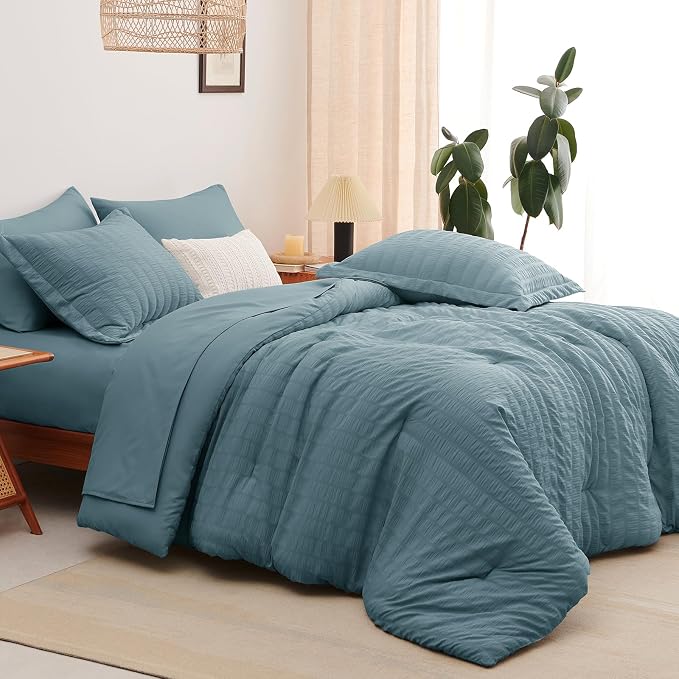 King Comforter Set, 7 Pieces Mineral Blue Seersucker Bed in a Bag | OEKO-TEX Certified, All Season Bedding Set with 240 GSM Down Alternative Comforter, Flat & Fitted Sheets, Pillowcases & Shams