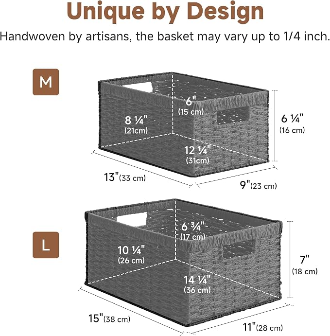 StorageWorks Wicker Storage Baskets for Organizing, Black Baskets, 2-Pack | Paper Rope Wicker Baskets with Handles, Black Storage Baskets for Shelves, Black Wicker Baskets, Woven Baskets