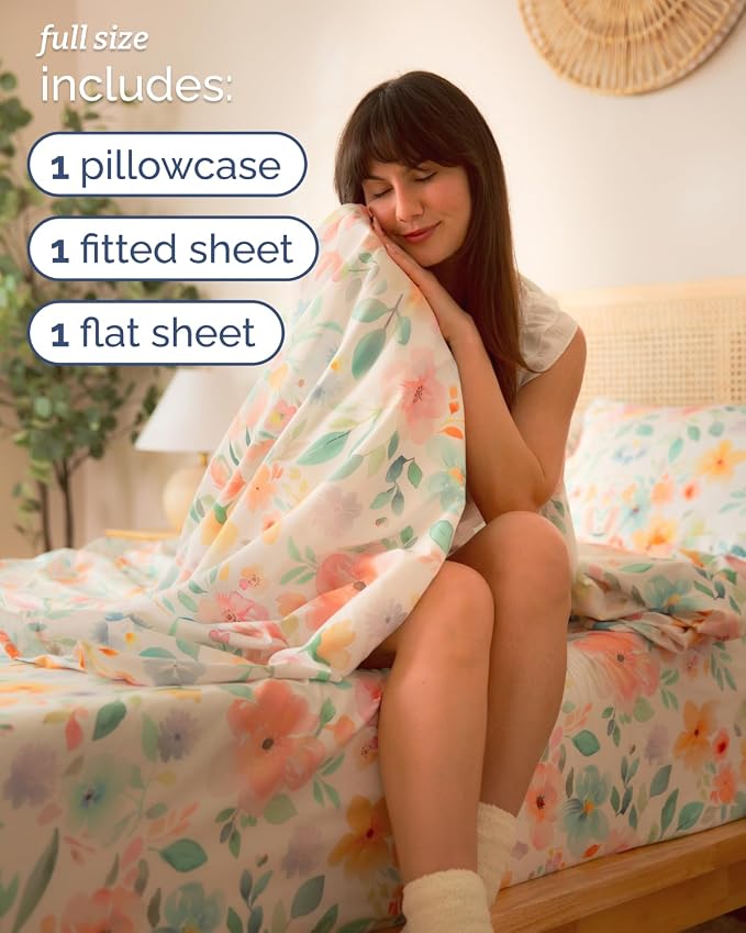 Full 4 Piece Floral Sheet Set - Soft, Breathable & Cooling - Blush Blossom | 1 Flat, 1 Fitted & 2 Pillowcases w/ Deep Pockets, Boho Botanical Floral Bedding, Breathable & Cooling, Wrinkle & Fade Free
