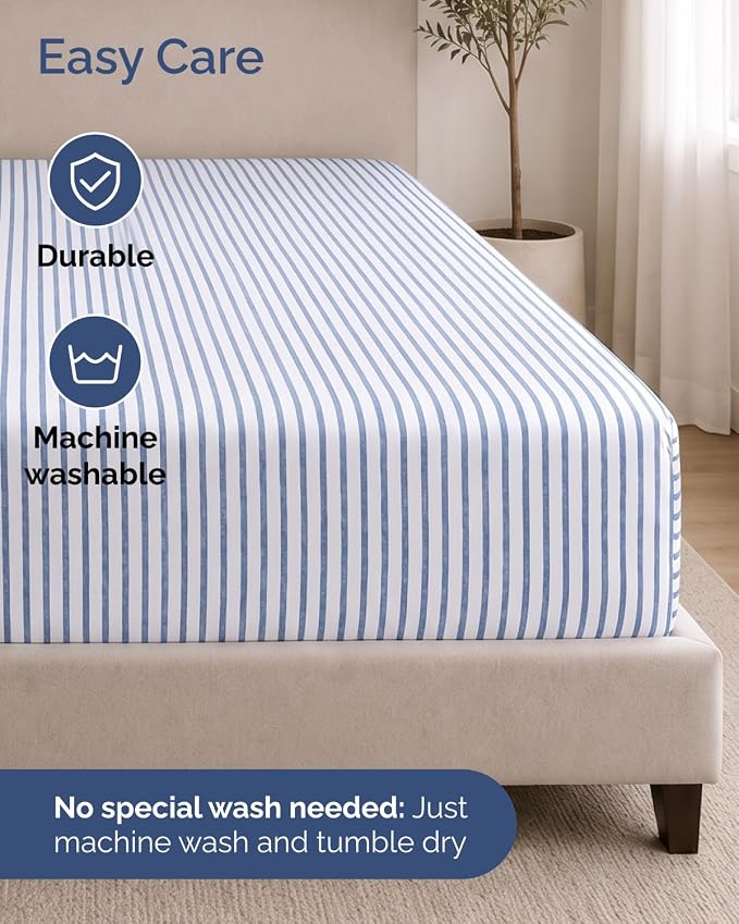 2 Pack Extra Deep Twin Fitted Sheets with Extra Deep Pockets - Blue Stripes | Hotel Luxury Bottom Fitted Sheets Only, Soft, Fade & Wrinkle Free, Breathable & Comfy, All Around Elastic Fitted Sheets