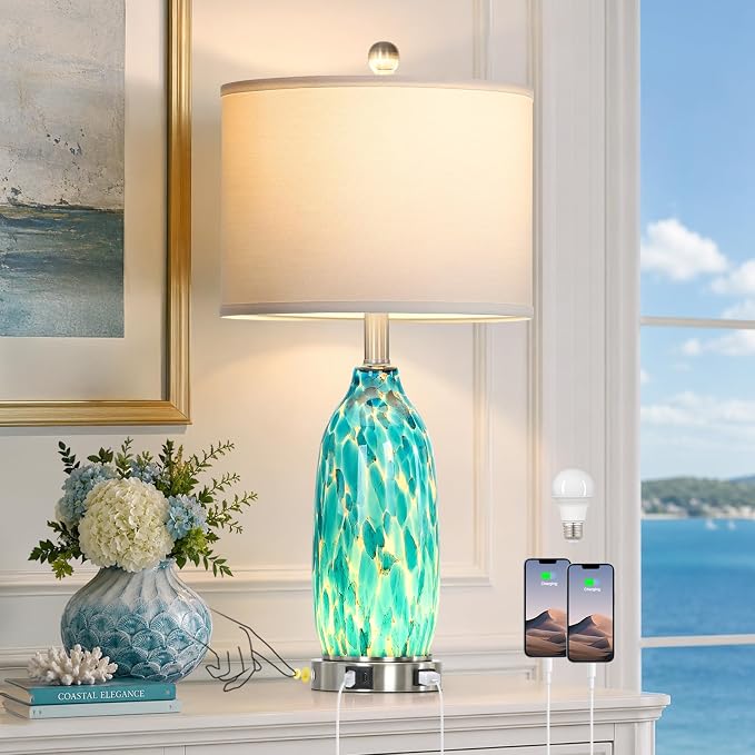 Rinweey 26" Peacock Green Glass Table Lamp for Bedroom Living Room,Coastal Nautical Bedside Lamps with USB Ports & AC Outlet,Touch Lamps with Night Light,Single Peacock Green