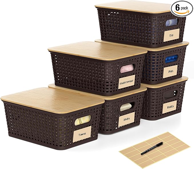 6 Pack Plastic Storage Baskets,Brown bamboo lid storage Box | Labels, Stackable, For Organizing Shelves Pantry Drawers Desktop Closets Organizing Desktop Closet Playroom Classroom