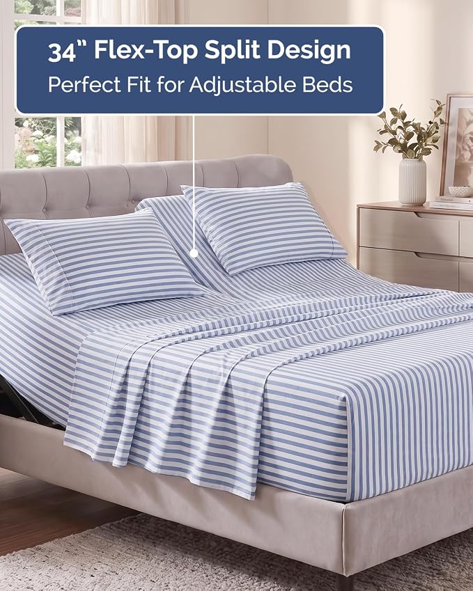 Flex Top Split Head King Sheet Set - 4 Piece Extra Deep - Blue Stripes 2 | Easily Fits 18 to 24 inch Mattress, Ultra Soft, Wrinkle & Fade Free with Extra Deep Pockets, Comfy Hotel Luxury Bedding
