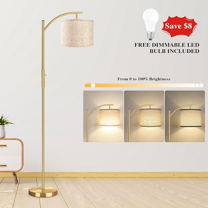 ROTTOGOON Dimmable Floor Lamp, Arc Floor Lamps for Living Room, Stepless Dimming Modern Standing Lamp with Linen Shade, Tall Lamp for Bedroom Office Dining Room- Brushed Gold