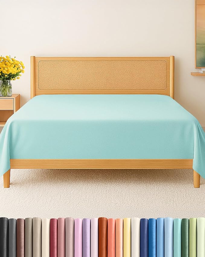 Queen Flat Sheet - Single Top Flat Sheet Only - Soft & Cooling - Spa Blue | Hotel Luxury Top Flat Sheet Only, Ultra-Soft, Breathable & Cooling, Fade & Wrinkle Free, Easy-Care, Stain & Shrink Resistant