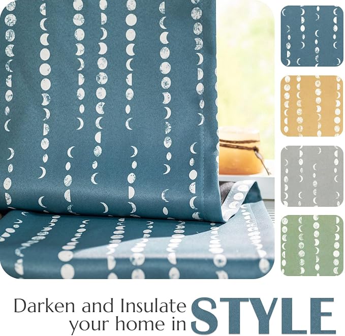 jinchan Boho Blackout Curtains 84 Inches Long Moon Phase Printed Drapes | Blue Farmhouse Curtains for Bedroom Living Room Back Tab Drapes Room Darkening Window Treatments 2 Panels