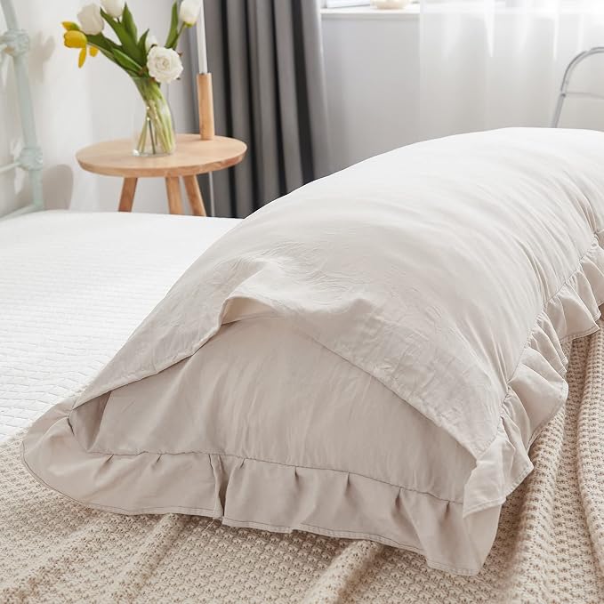 Beige Grey Body Pillow Cover 20x54inches Long Pillowcase Ruffled Pillowcases Shabby Chic Ruffled Fringe Decor Cute Body Ruffled Pillow Sham